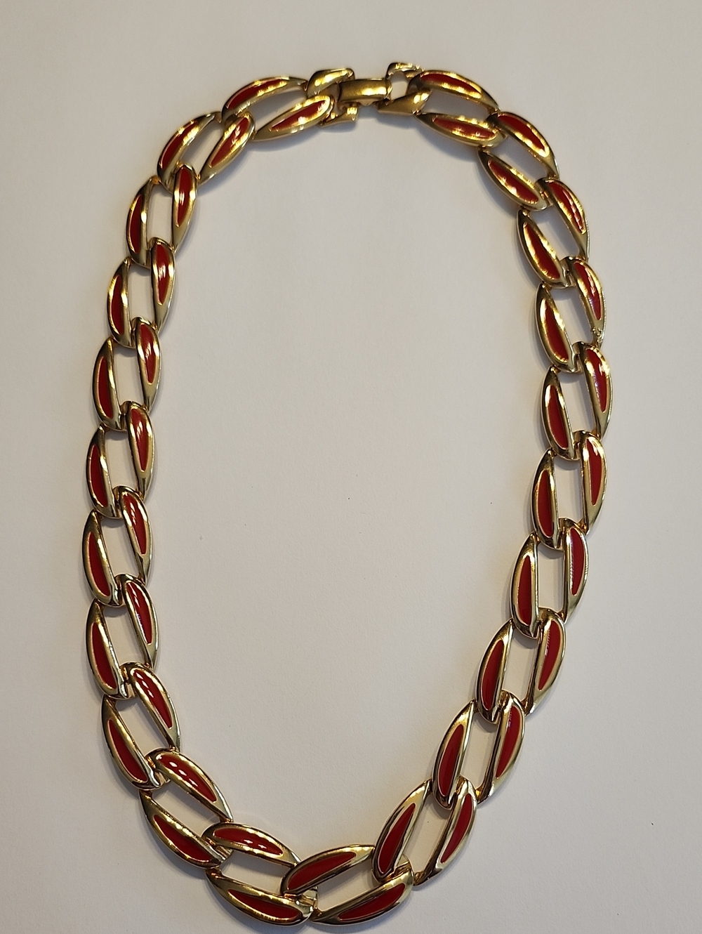 Vintage Gold-Tone Chain Necklace with Red Enamel Links - Women Jewelry